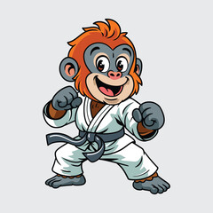 Cute cartoon Orangutan dressed in a martial arts uniform, practicing karate with focus and precision character illustration