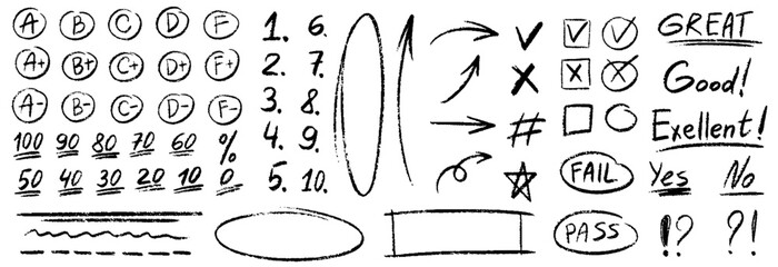 Exam grade test pen mark set. Crayon school test results different hand drawn signs. Teacher scores of student homework. Vector handwritten scribble marker academic symbols on white background