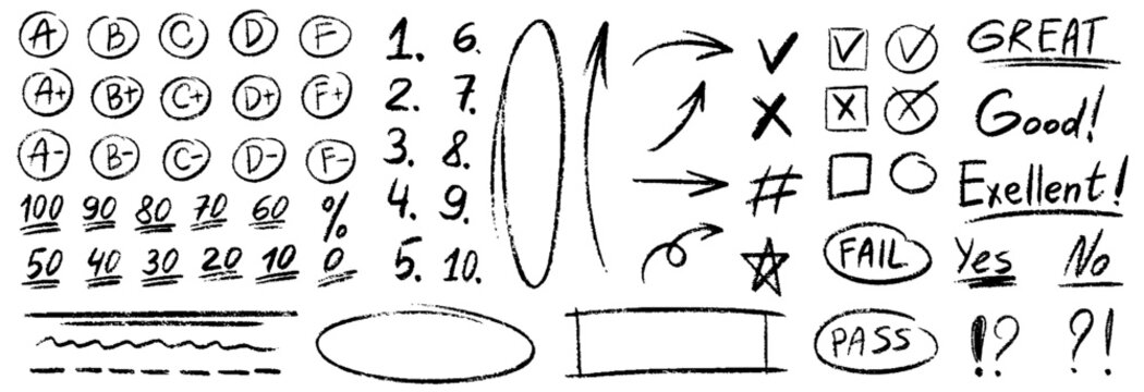 Exam grade test pen mark set. Crayon school test results different hand drawn signs. Teacher scores of student homework. Vector handwritten scribble marker academic symbols on white background