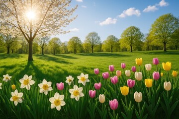 Vibrant blossoms blooming in a serene park during a bright spring day