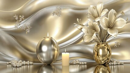 Elegant gold and silver decorative still life with flowers, candles, and pearls.