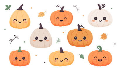 Set of happy pumpkins with different expressions and colors, autumn fun
