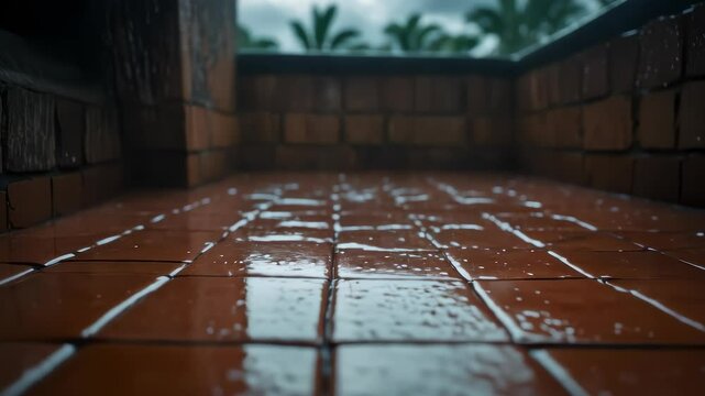 Low-angle pan across rain-slicked terracotta tiles with vibrant brickwork