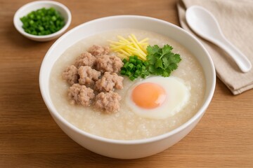 Breakfast bowl with pork, egg, and fresh vegetables