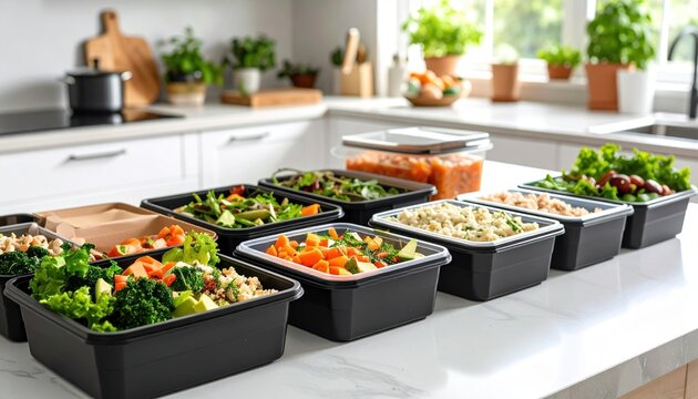 Multiple pre portioned meal prep containers filled with healthy fresh vegetables and grains on a bright kitchen counter - Powered by Adobe