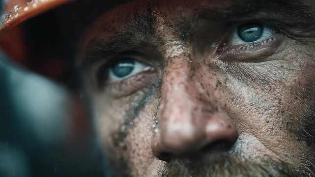 Close-up of a man's face with water drops and a nose chain, showing detailed skin texture, expressive eyes, and wet facial features in an artistic portrait
