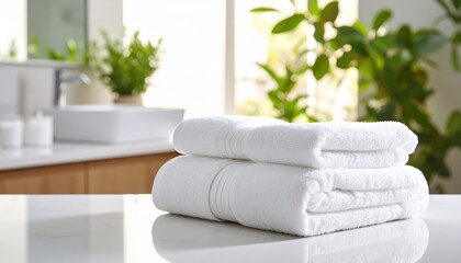 Two white fluffy towels are neatly folded and stacked on a pristine white counter in a bright modern bathroom
