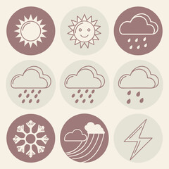 Collection of weather icons including sun clouds rain snow and lightning