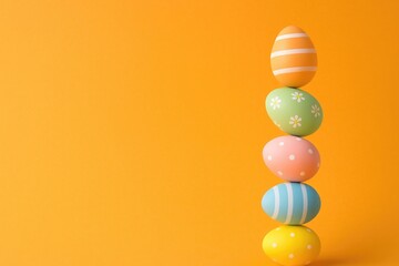 Colorful Easter egg stack against vibrant orange backdrop with space for custom message