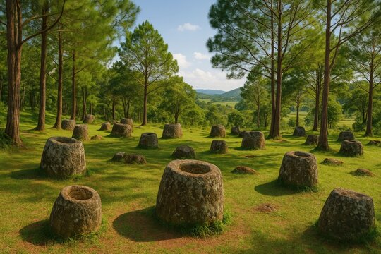 Scenic hillside location of the Plain of Jars Site 3 amidst woodland near a village in Xieng Khouang