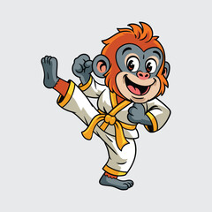 Cute cartoon Orangutan in a karate uniform performs a high kick martial arts character illustration