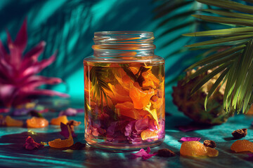 Tropical Vibes Still Life. Vibrant still life of a jar with tropical elements, ideal for summer-themed designs and exotic decor inspiration.