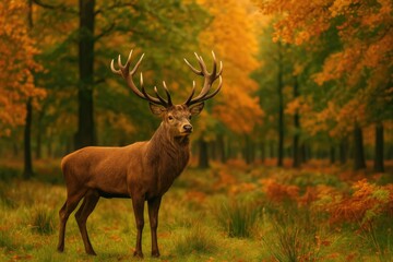 Magnificent crimson deer with impressive antlers amidst a vibrant autumn forest scene