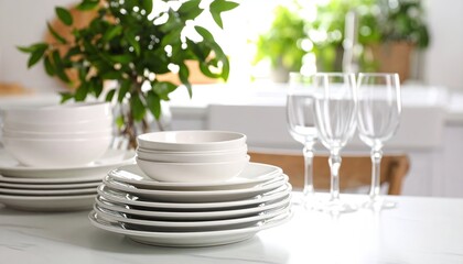 Fototapeta premium Stacks of clean white plates and bowls with empty wine glasses on a bright kitchen counter
