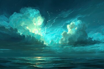 Vast, luminous teal clouds over a dark sea