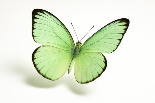 Elegant lime-green butterfly in flight with a colorful albatross silhouette against a white backdrop and gentle shadow
