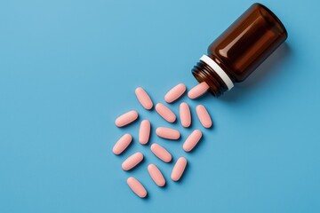 Overhead perspective of pink tablets spilling from a container onto a blue surface