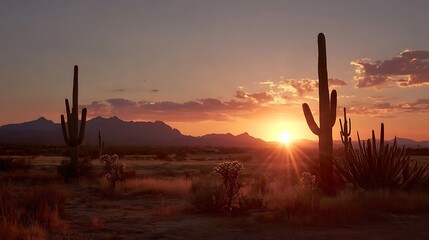 Desert Sunset with Cactus and Mountains