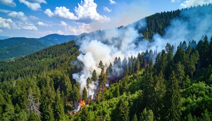 Aerial view of a forest fire with thick white smoke rising from burning trees on a green hillside under a blue sky