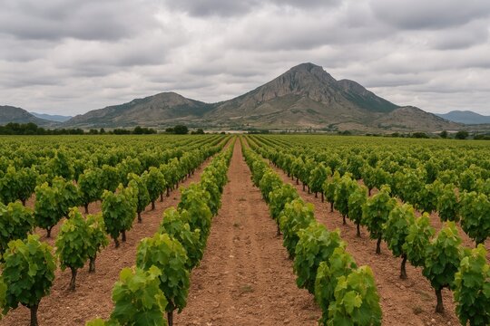 Scenic vineyard nestled among mountains under a cloudy sky