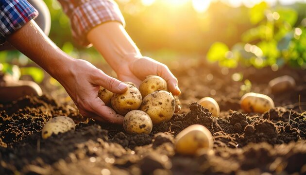 Close up of human hands harvesting newly dug potatoes from dark soil during golden hour sunlight