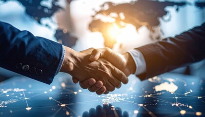 Two business professionals shaking hands over a digital network grid with a glowing world map in the background