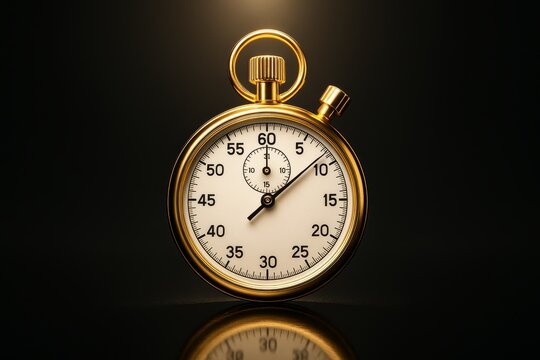 Gold analog stopwatch with white dial on black reflective surface, showing precise time measurement