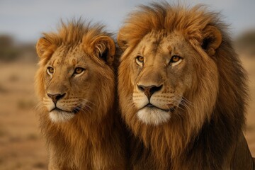 Fototapeta premium Pair of lions together showing the adult male and juvenile lion with focus on their faces