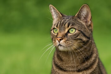 Obraz premium Close-up of a tabby feline with a vibrant green backdrop and ample space for text