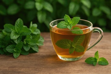 Still life featuring tea and mint leaves