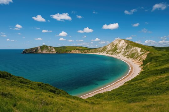 Scenic outlook over a coastal bay close to a historic village in the southern region