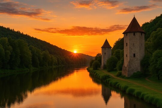 Evening glow illuminating ancient structures along the riverbank
