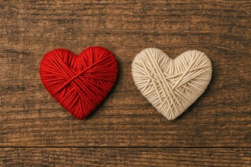 Fototapeta premium Two intertwined yarn hearts on an antique wooden surface