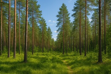 Fototapeta premium Warm Season Amidst Pine Trees in a Forested Area near Pruzhany, Brest Region