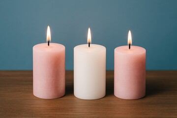 Three pink and white candles on a blue and brown background, spa-inspired home decor
