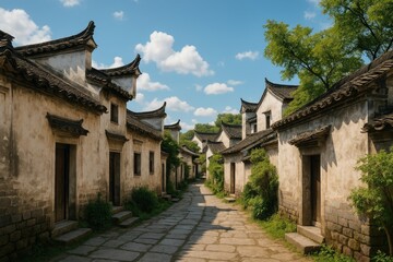 Fototapeta premium Scenic view of a historic Chinese village featuring classic buildings and winding alleys
