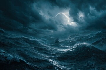 A lone ship battles a raging storm at sea