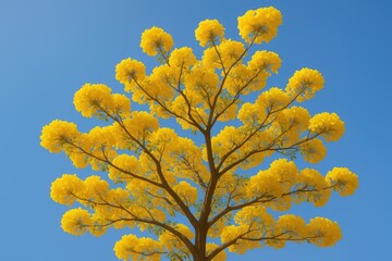 Looking up at vibrant yellow blossoms against a clear blue sky, showcasing a beautiful tree in full bloom during spring.