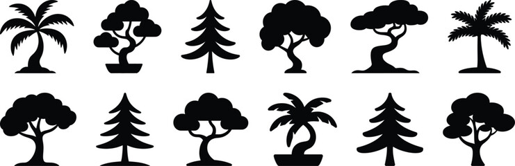 Tree silhouette vector icons pack with pine, willow, palm, bonsai, and creative tree forms for nature and forest artwork