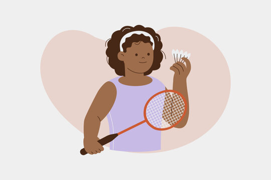 Cheerful Youthful Badminton Player Holding Racket and Shuttlecocks Vector