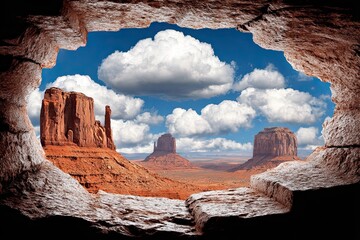 Desert landscape viewed through a rocky cave opening.  Vast, red rock formations, dramatic clouds, and a vibrant sky