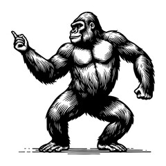 Fototapeta premium gorilla dancing sketch engraving generative ai fictional character PNG illustration. Scratch board imitation. Black and white image.