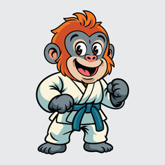 Cartoon orangutan wearing a blue belt karate uniform, confidently posing in a ready-to-fight martial arts stance