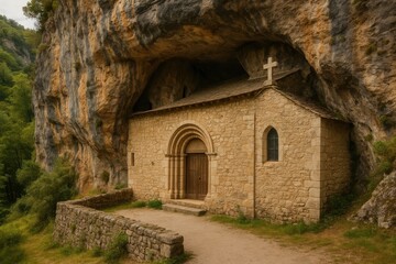 Ancient Christian sanctuary carved into a cliffside in Ariege region