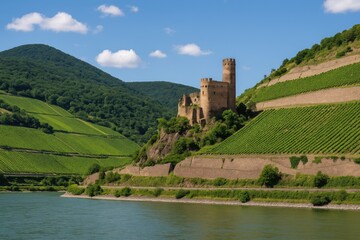 Ehrenfels Castle overlooking the Rhine River landscape