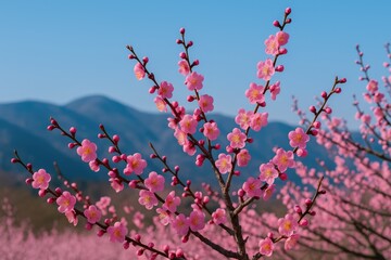 Fototapeta premium Early Spring Bloom of Plum Trees in a Japanese City