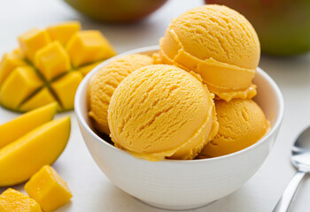 Close-up of a white bowl filled with three scoops of mango ice cream, garnished with a mango slices. 