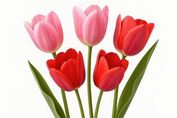 Fototapeta premium Close-up of Vibrant Pink and Red Tulips on White Backdrop with Extensive Depth of Field