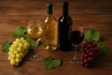 Fototapeta premium Elegant still life arrangement featuring wineglasses, bottles, grapes, and foliage on a wooden surface