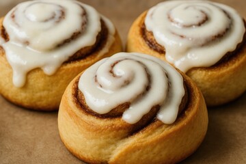 Three sweet cinnamon rolls topped with icing